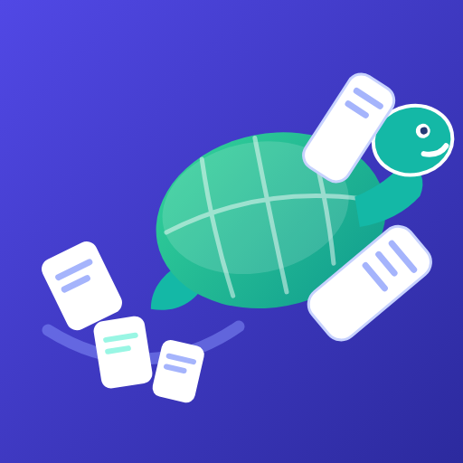 A green turtle swimming with a trail of flashcards